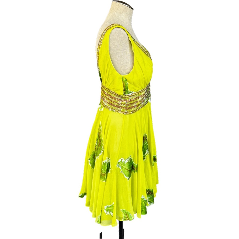 Basix II 100% Silk Beaded Sequins Sleeveless V-Neck Mini Lined Dress Lime US12 L - Picture 2 of 6